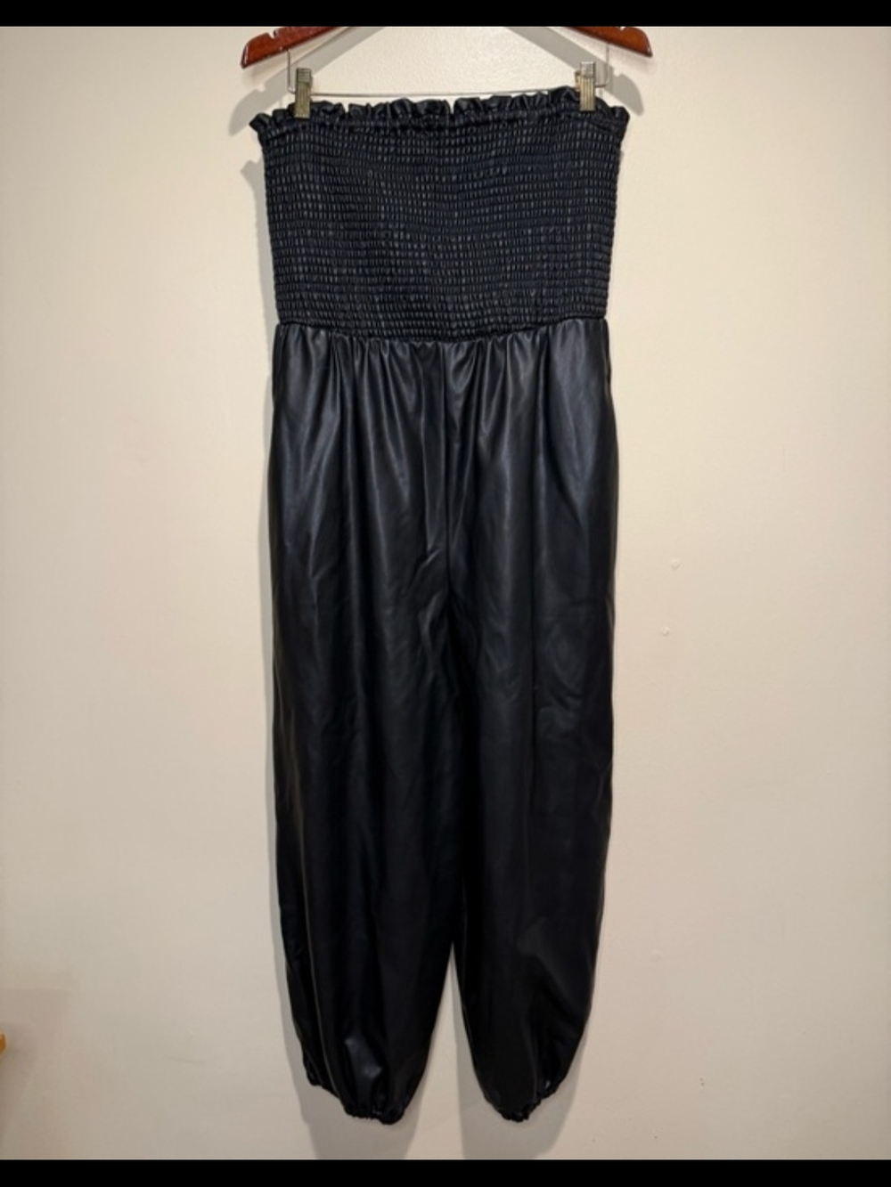 Anthropologie Black Strapless Smocked Faux-Leather Jumpsuit - Picture 2 of 5
